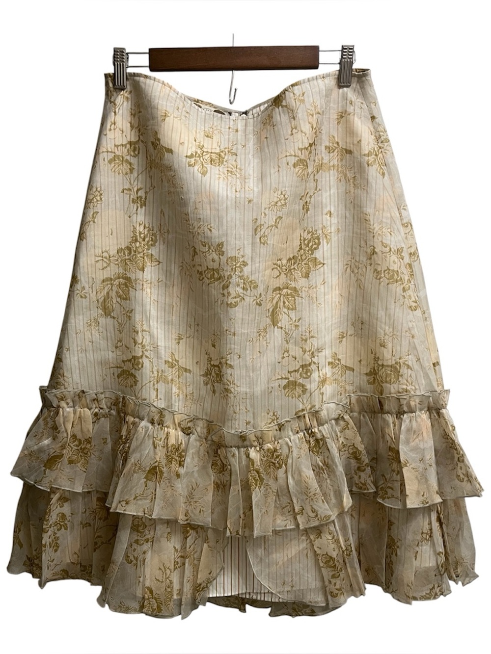 VTG Y2K Cream Silk Chiffon Floral Ruffle Hem Skirt SZ 10 Fairycore Romantic